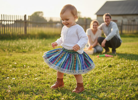 Stilizēti tautiskie svārki bērniem, ZILIE ar mežģīni